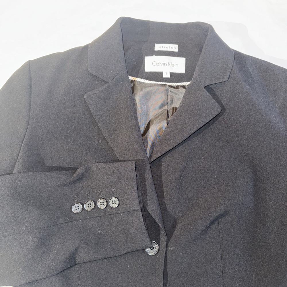 Calvin Klein Womens Blazer Jacket Size 4 Double 2 Button Career Black Stretch